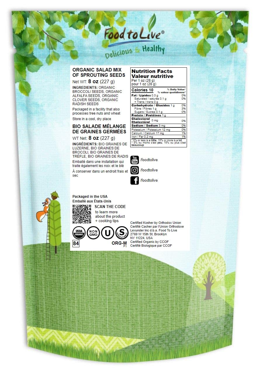Food to Live Organic Salad Mix of Sprouting Seeds, 8 Ounces - Non-GMO Broccoli, Radish, Clover, Alfalfa. Rich Germination Rate,