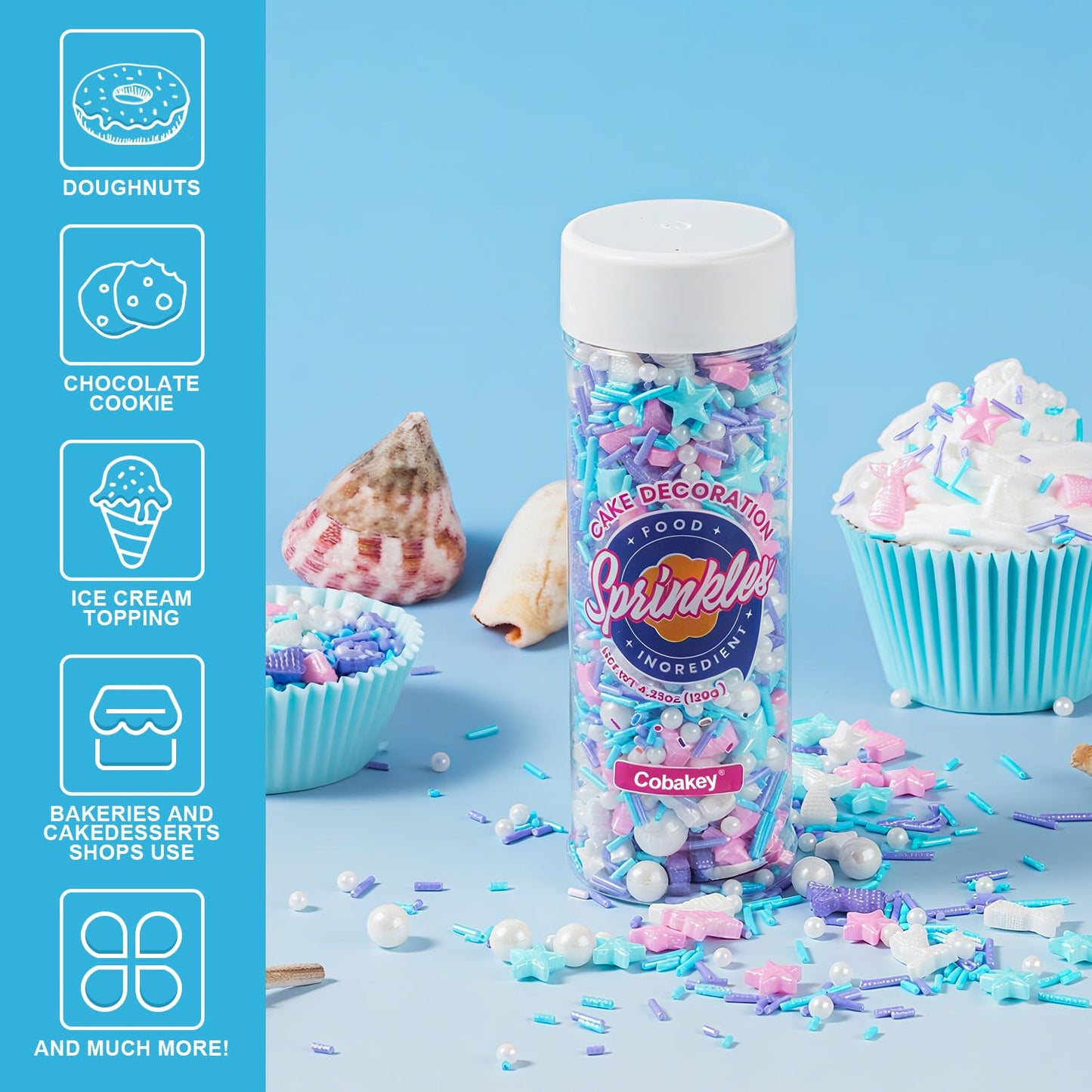 Cobakey Mermaid Sprinkles Mix – Edible Pearl & Star Sugar, 4.23 oz, Blue/Pink/Purple, Ocean & Unicorn Theme for Cake Decorating