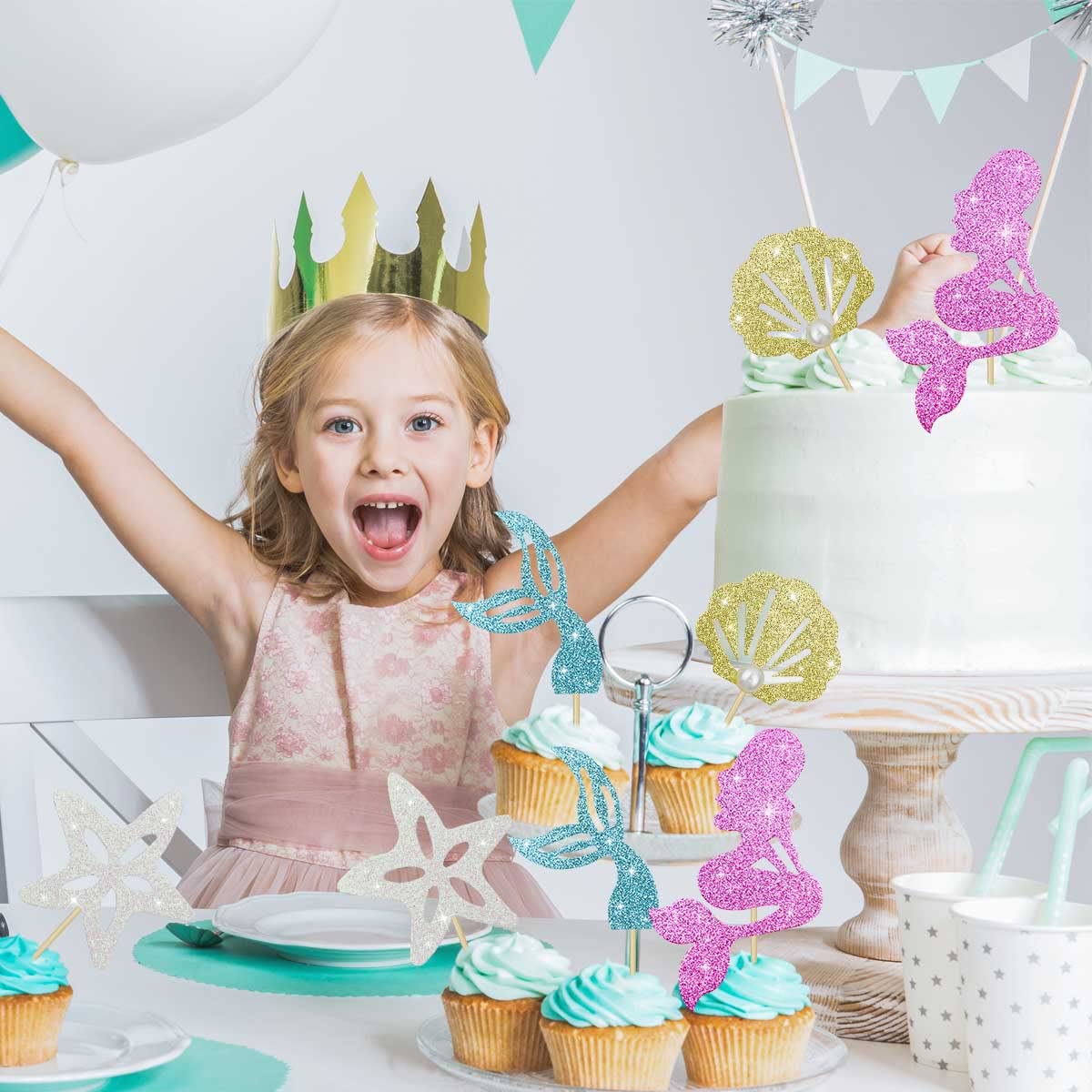 28 Pcs Glitter Mermaid Cupcake Toppers Mermaid Theme Birthday Party Supplies Under The Sea Party Favors Mermaid Starfish Shell M