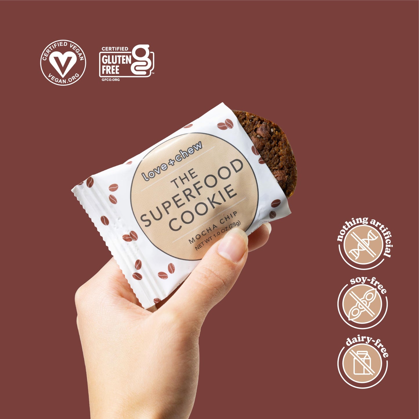 Love + Chew, Mocha Chip Minis - 18 Count - Tasty Gluten Free Cookies - Vegan - Healthy, Paleo, Non GMO Snacks - Individually Wra
