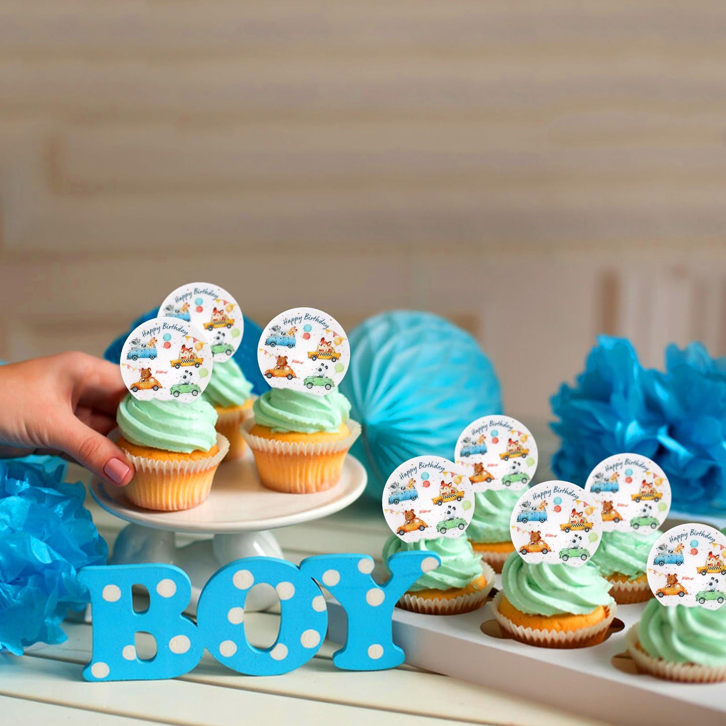 40Pcs Edible Animal Cupcake Toppers Wafer Paper Girl Boy Fox Forest Animals Car Vehicles Racing Car Taxi Cake Toppers Decoration