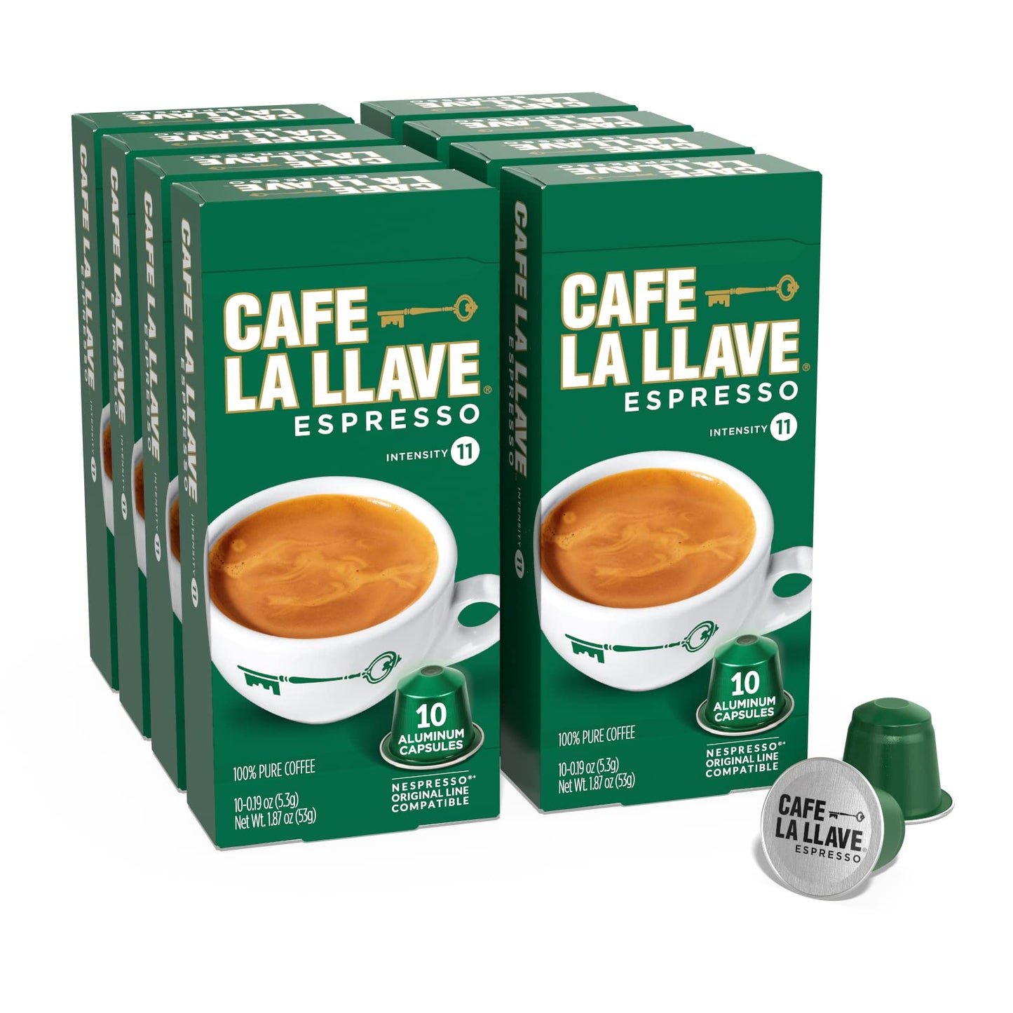 Cafe La Llave Espresso Pods, Dark Roast, Intensity 11, 80 Recyclable Aluminum Pods, Compatible with Nespresso, 10 Count (Pack of 8)