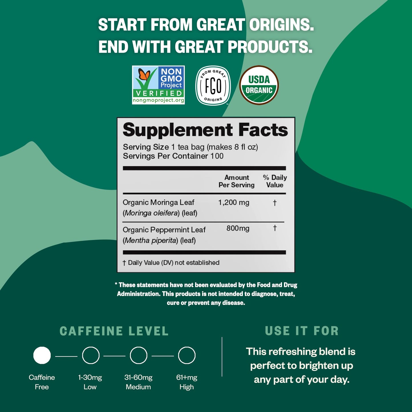 Fgo Organic Moringa Mint Tea, Eco-Conscious Tea Bags, 100 Count, Packaging May Vary (Pack Of 1)