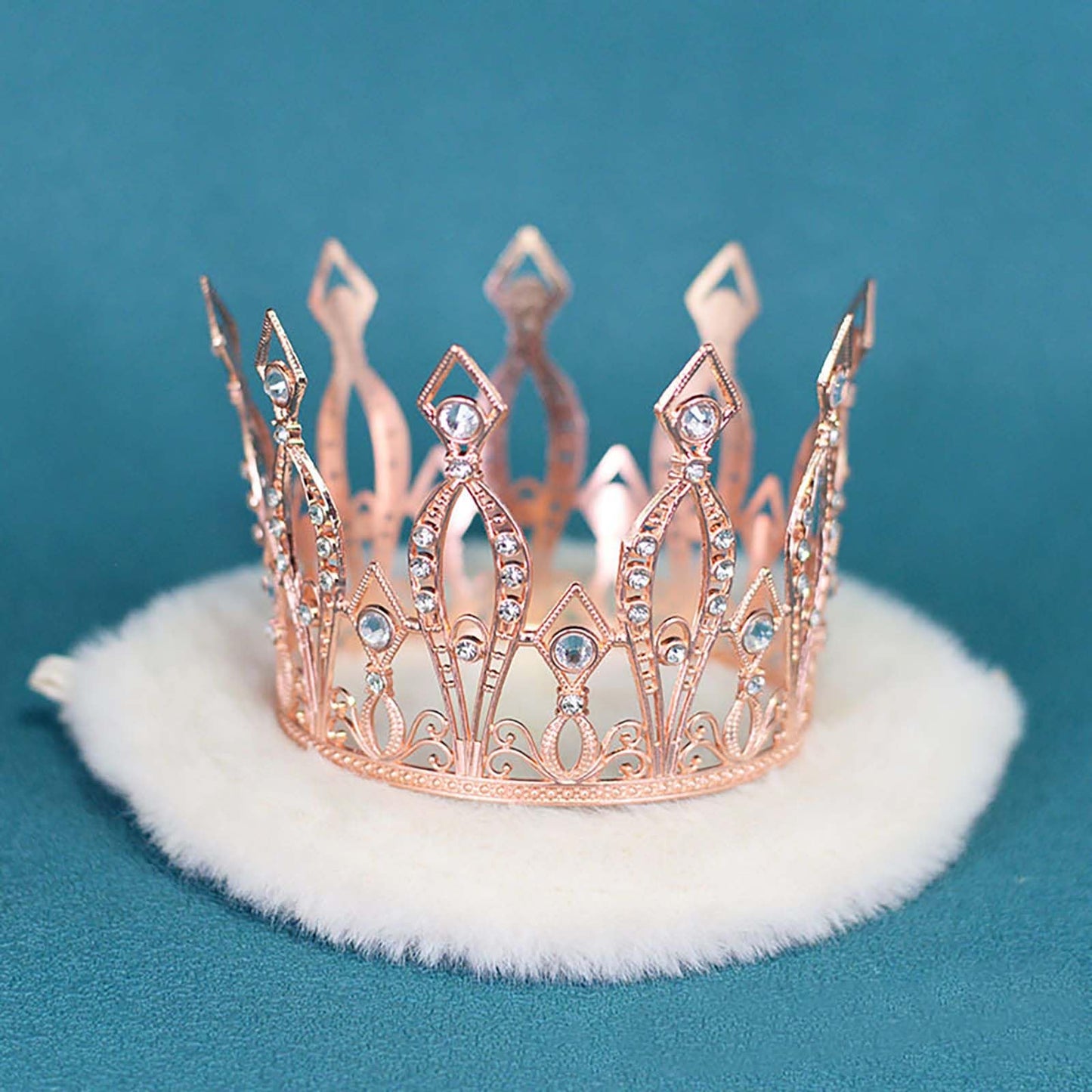 Crown Cake Topper Rhinestone Crystal Handmade Tiara Cake Decoration For Baby Shower Birthday Wedding Party Favors (Rose Gold)