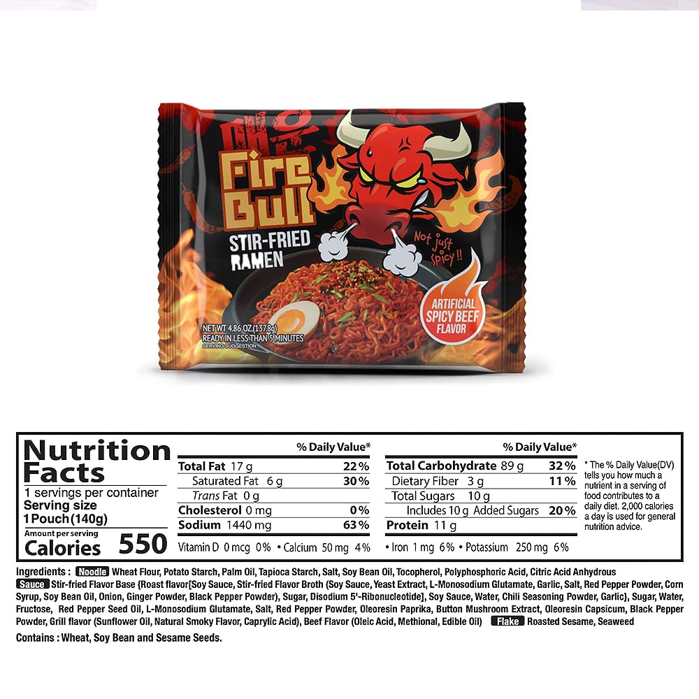FIRE BULL RAMEN Intense Spicy Stir-Fried Ramen | Thick Chewy Noodles | 32 Pouches (1 Case)