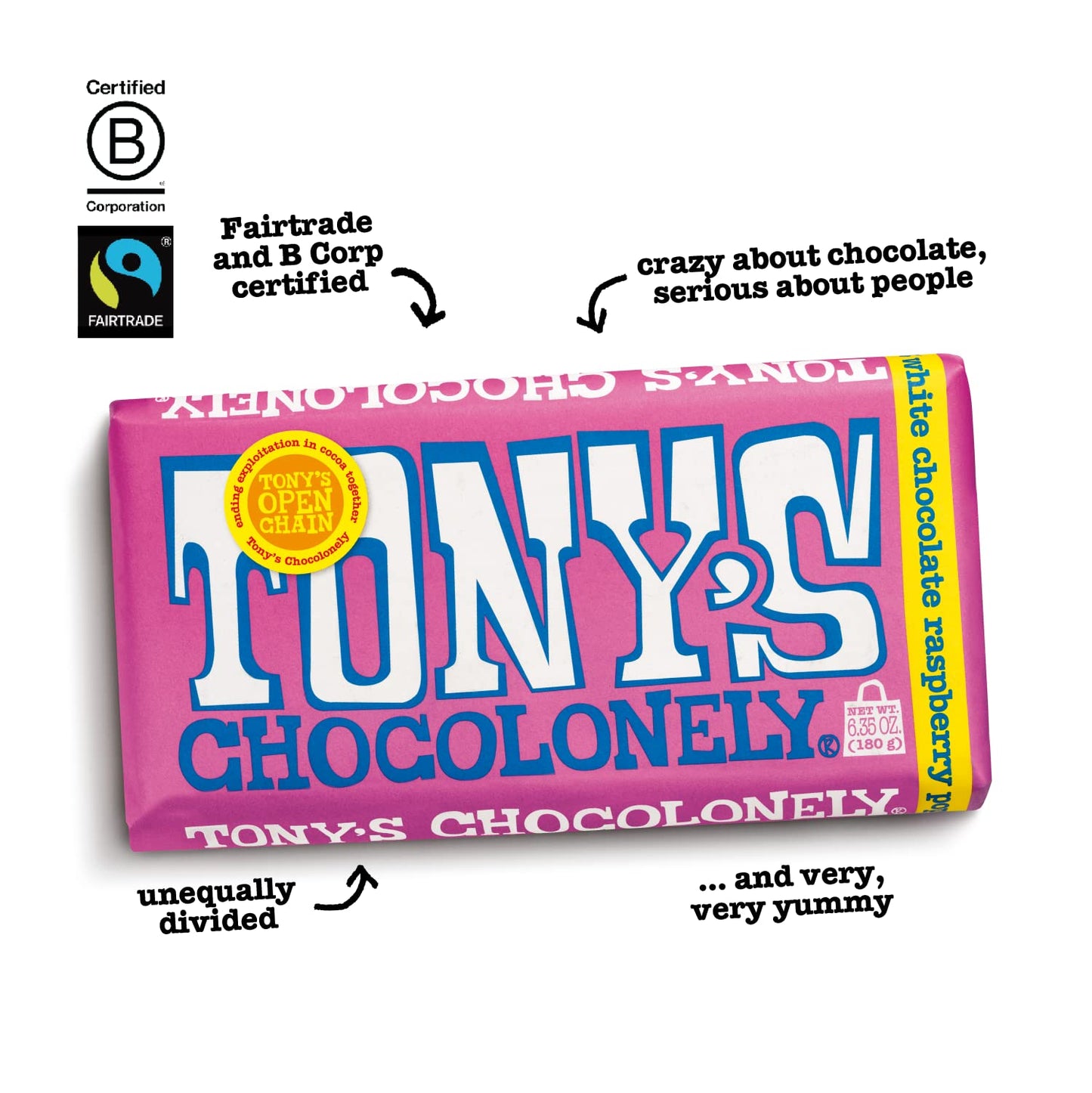 Tonys Chocolonely Belgian White Chocolate Raspberry Candy Bar With Popping Candy, Chocolate Bar for Snacks, Party Favors, Gifts,