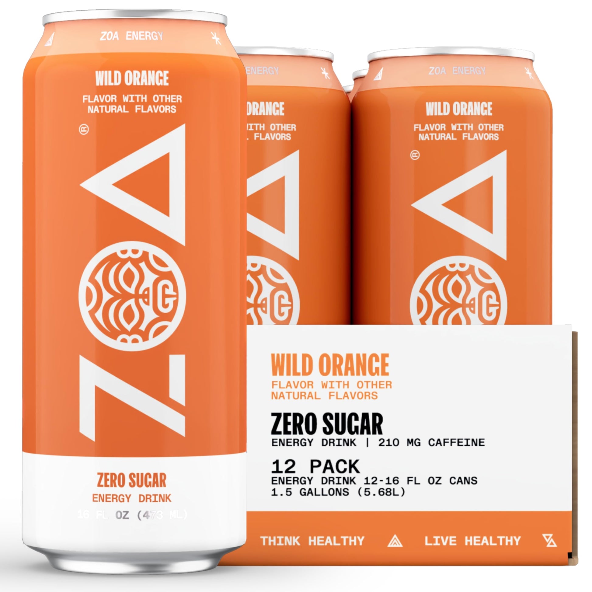 ZOA Zero Sugar Energy Drinks, Wild Orange, Sugar Free, Electrolytes, 16 Fl Oz (12-Pack)