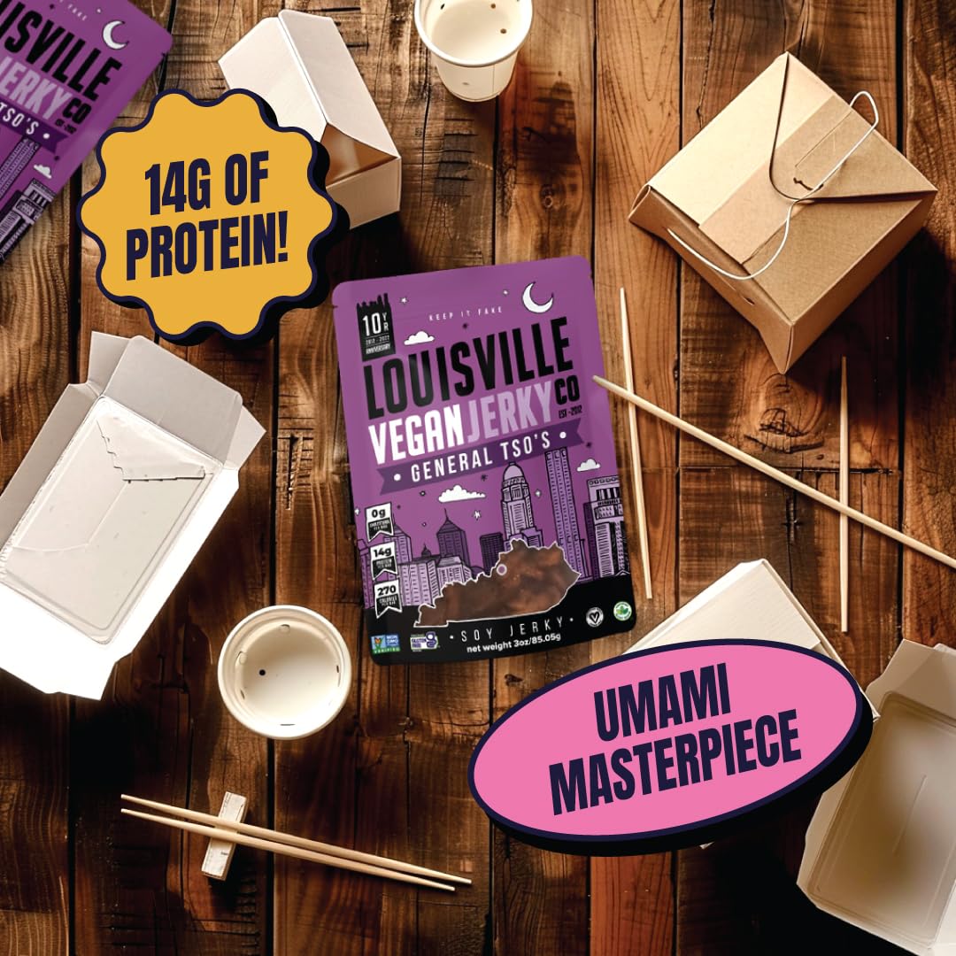Louisville Vegan Jerky - General Tsos Vegan And Vegetarian Meat - Lip-Smacking Vegan-Friendly & Vegetarian Jerky - Non-Gmo 14 Gr