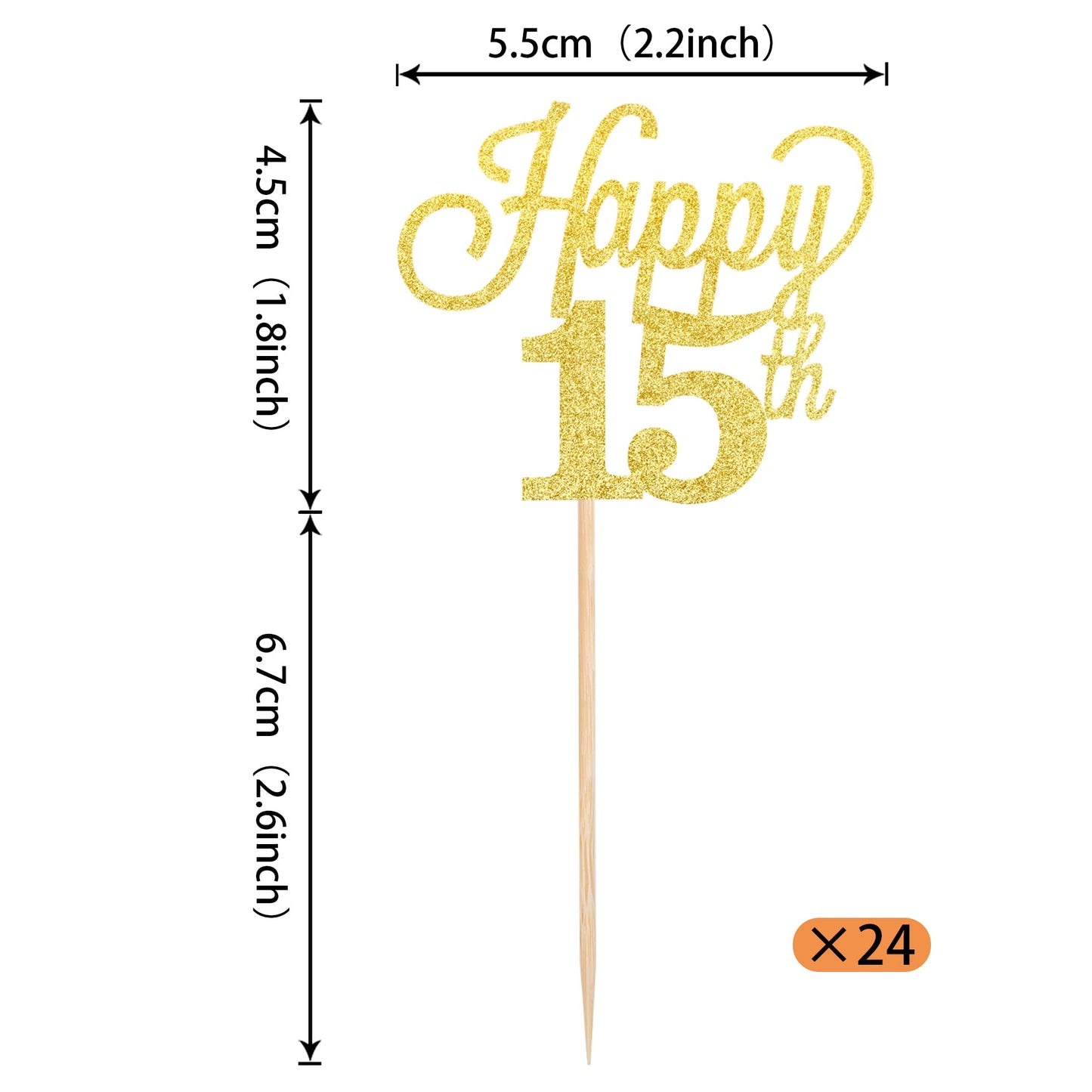 YCTHUNFISH 24 Pack Cupcake Toppers Glitter Number 15 Gold Bamboo Decorations for 15th Birthday Party
