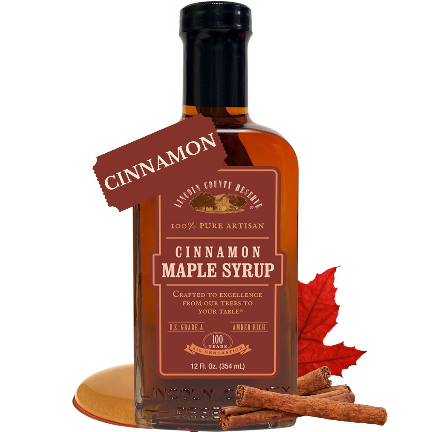 Lincoln County Reserve Cinnamon Maple Syrup, 12 Fl Oz, Amber Rich Grade A, Made in USA, Brown