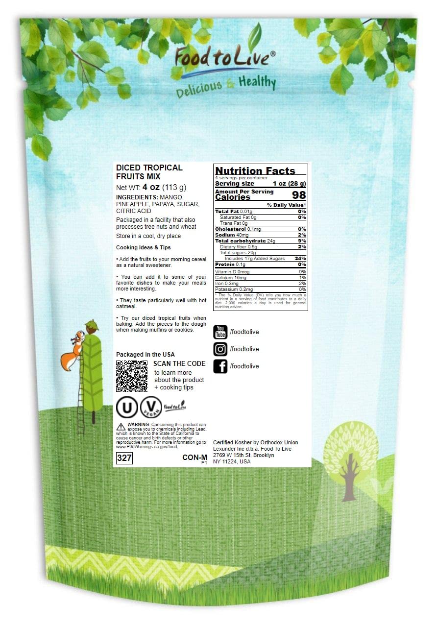 Food To Live Diced Fruits Mix, 4 Ounces - Contains Dreid And Diced Mango, Pineapple, Papaya. Sweetened, Unsulfured, Candied Vega