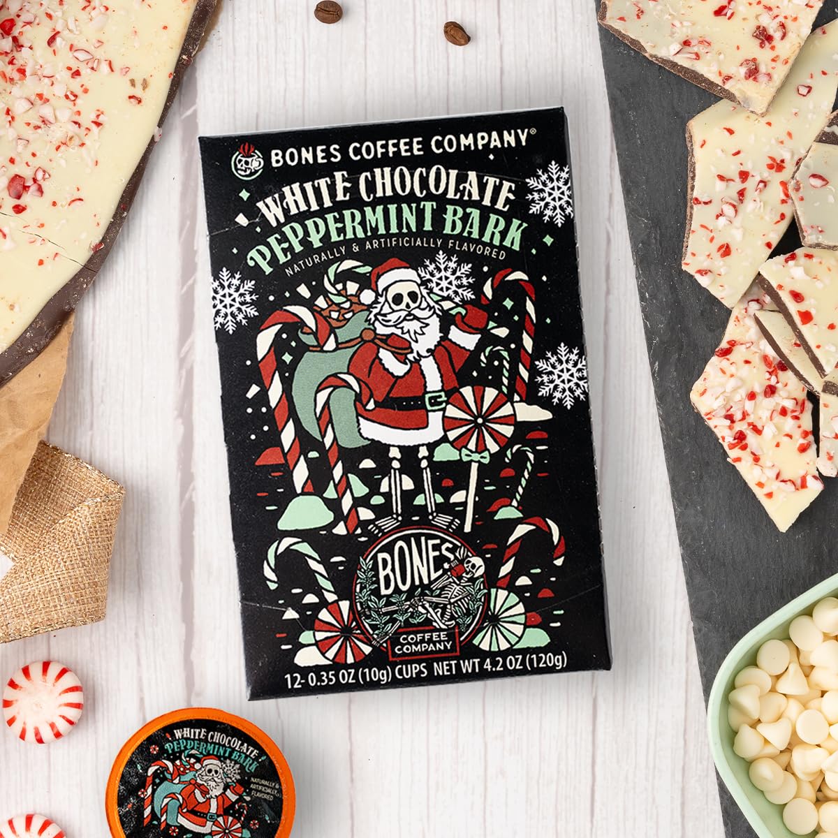 Bones Coffee Company White Chocolate Peppermint Bark Flavored Coffee Pods  Low Acid Medium Roast Single-Serve Bones Cups  Compatible with K-Cups malt-inspired Coffee Maker  12 Count