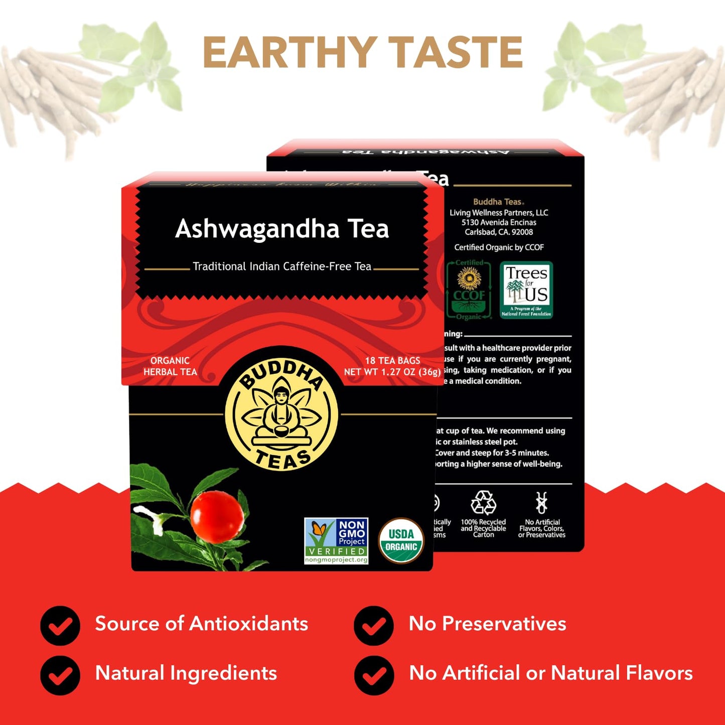 Buddha Teas Organic Ashwagandha Root Tea - Herbal, Caffeine Free, 18 Count (Pack of 1) - OU Kosher & Non-GMO