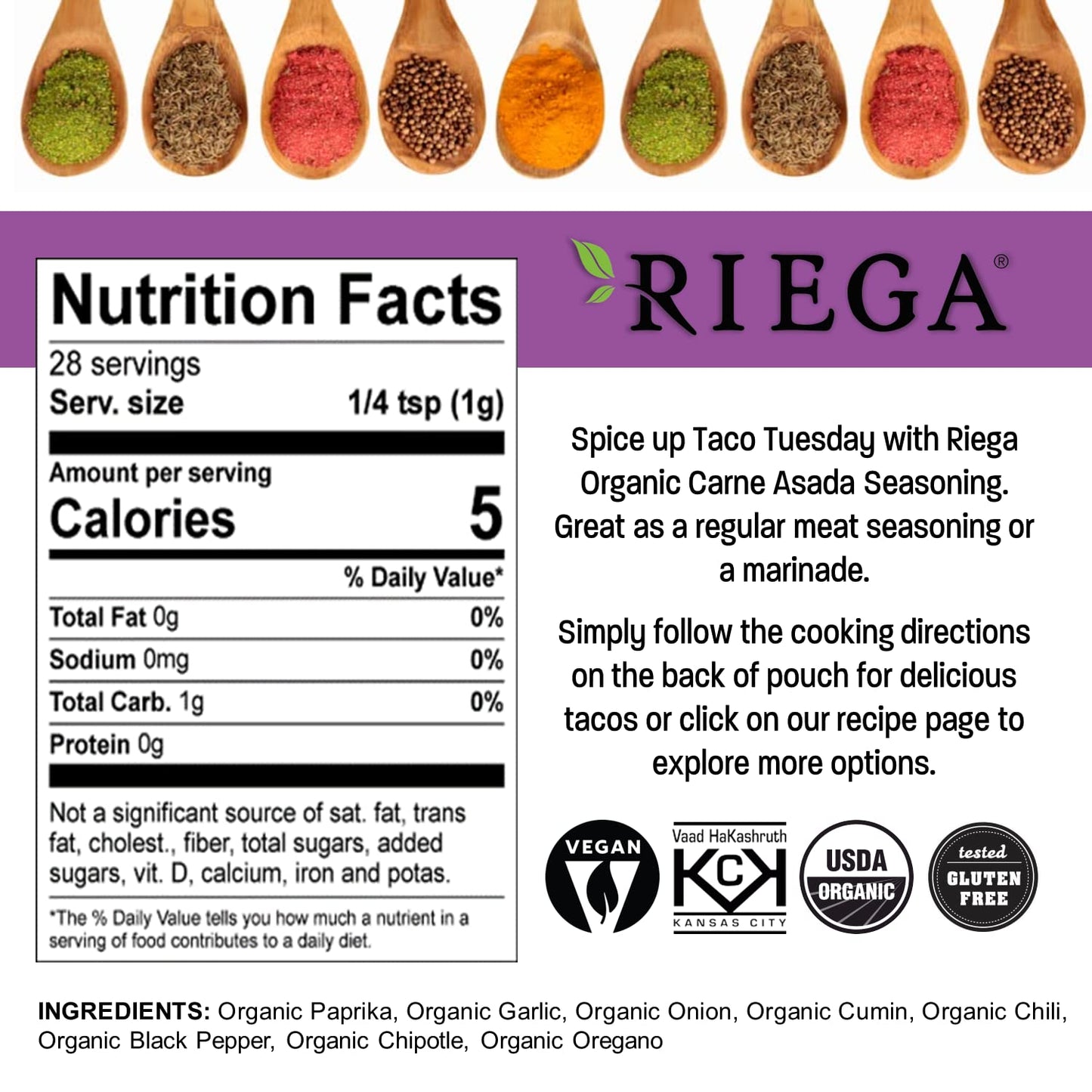Riega Organic Carne Asada Street Taco Seasoning, Mix Makes The Perfect Carne Asada Marinade To Spice Up Taco Tuesday 1 Ounce (Pa