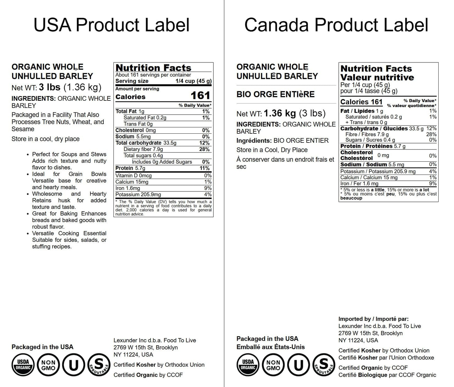 Food to Live Organic Whole Unhulled Barley, Non-GMO, High in Fiber, 3 Pounds