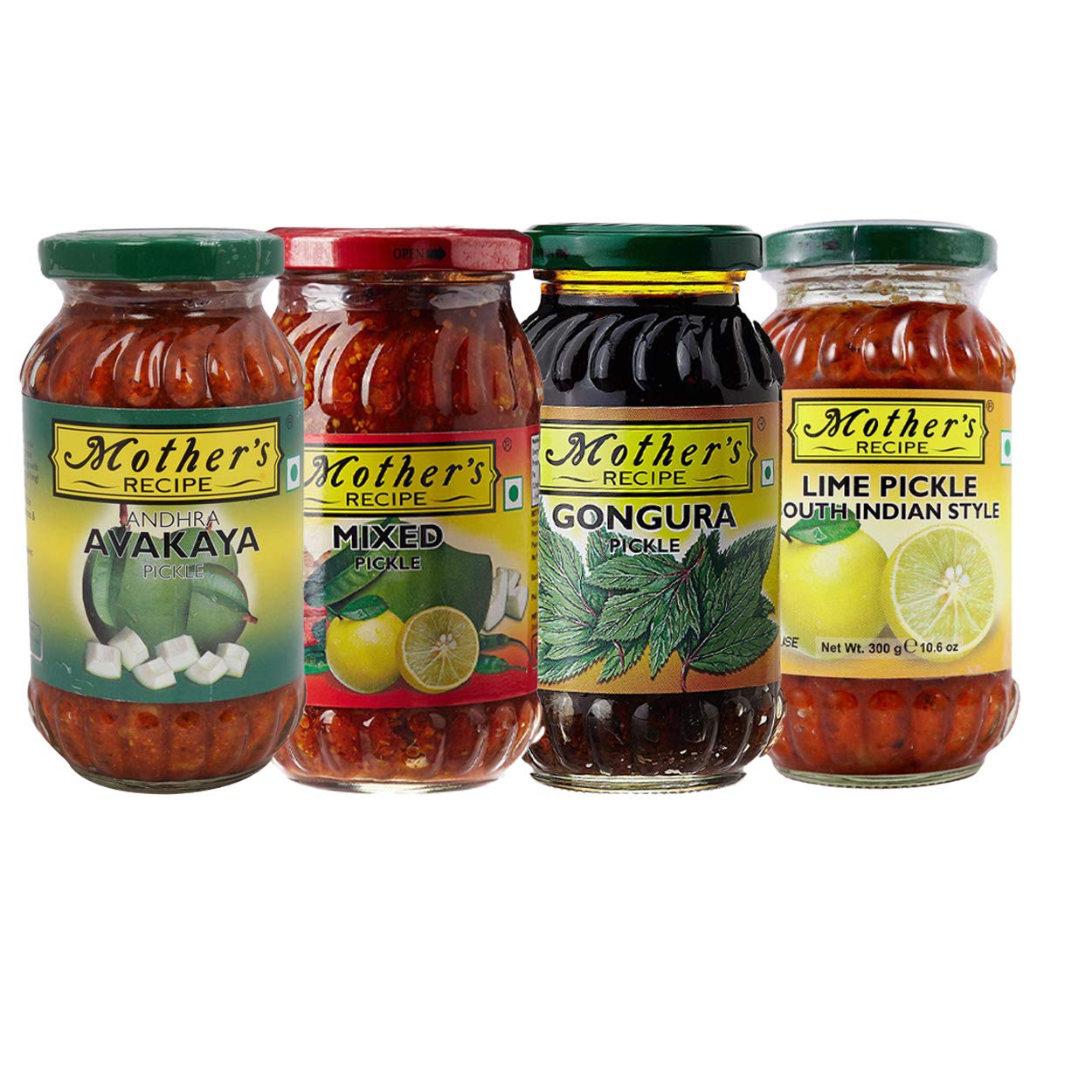 Mother'S Recipe - South Indian Pickle Combo #1 (Mixed, Avakaya Mango, Gongura, Lime), 300G X 4