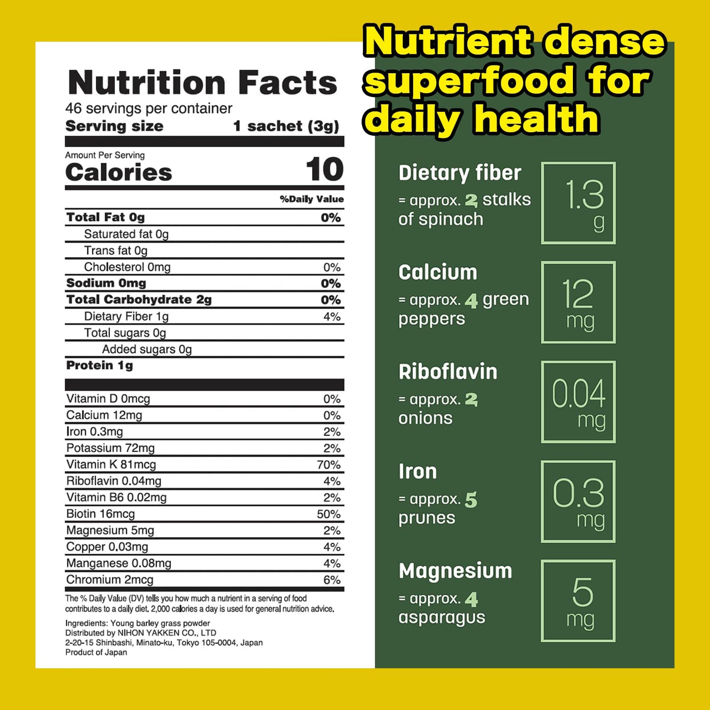 Nihon Yakken Kin No Aojiru - Young Barley Green Grass Juice Powder With Rich Dietary Fiber, No Addtives 100% Japanese Grown - Re