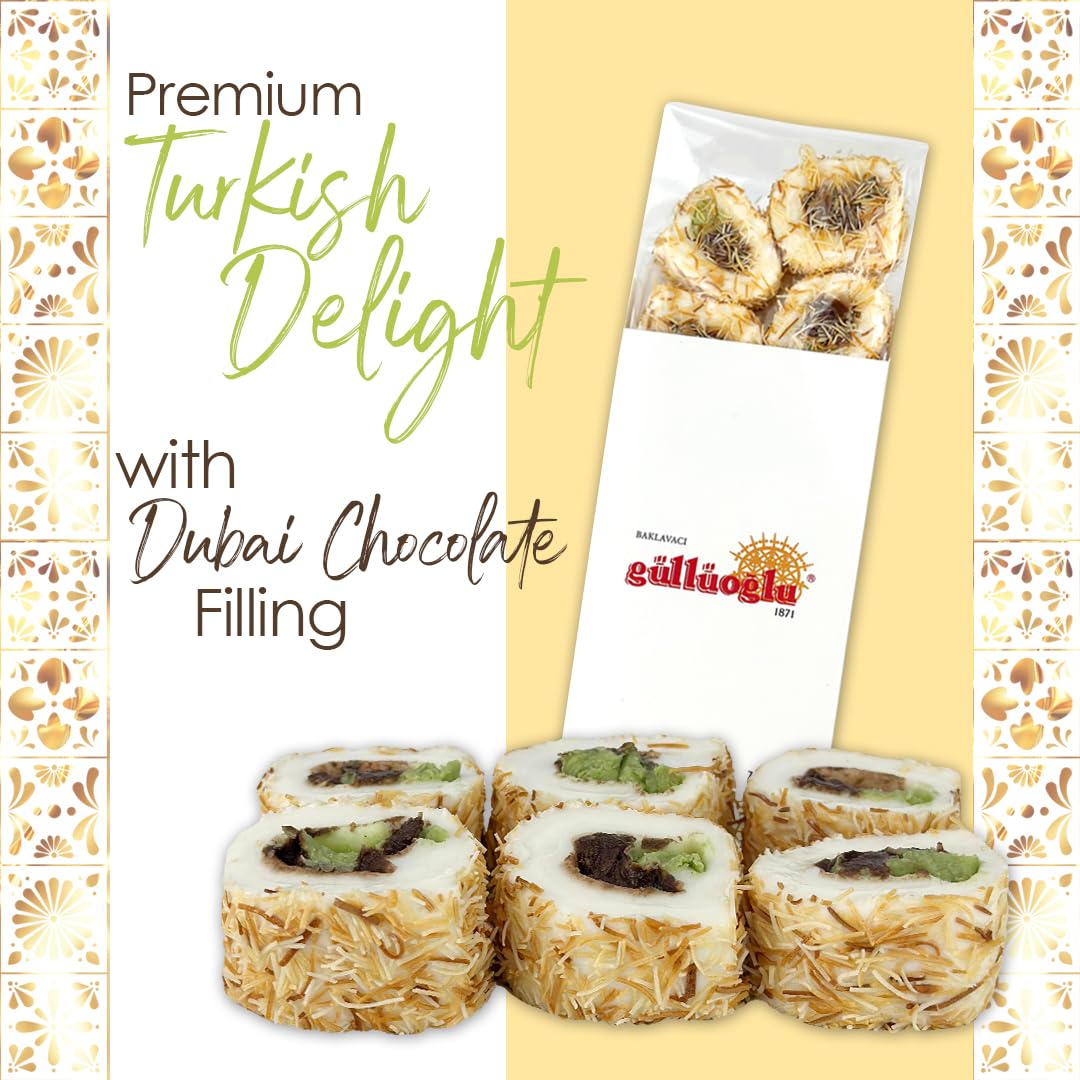 GÜLLÜOGLU Turkish Delight with Dubai Chocolate Filling, 200g (6 pieces), Gourmet Middle Eastern Candy