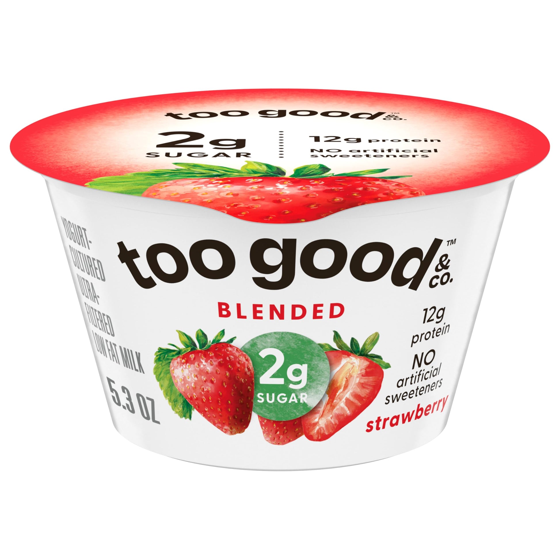 Too Good & Co. Strawberry Yogurt-Cultured Ultra-Filtered Low Fat Milk Product, Creamy and Delicious Low Fat Yogurt Product Snack