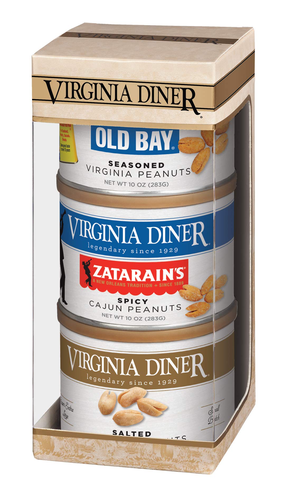 Virginia Diner Peanut Sampler Gift Set - Salted, Old Bay, Zatarains Cajun Peanuts, 10 Ounce (Pack of 3)