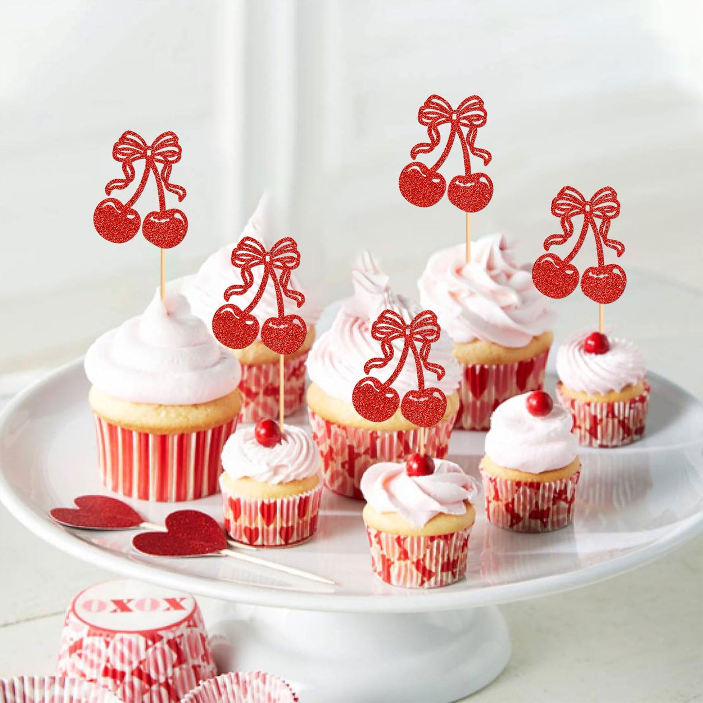 Cyodoos Cherry Cupcake Toppers, 24 Pcs Fruit Theme Decorations for Kids Birthday Party, Red