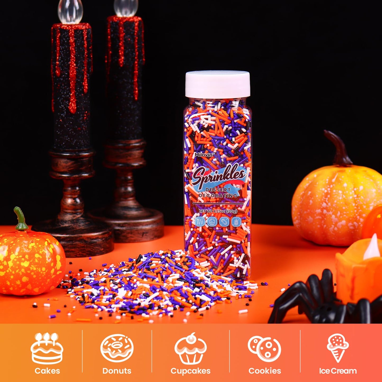 Milovin Edible Halloween Jimmies Sprinkles, 120g, White, Purple, Orange, Black for Cake, Cupcake, Baking, Ice Cream, Cookies