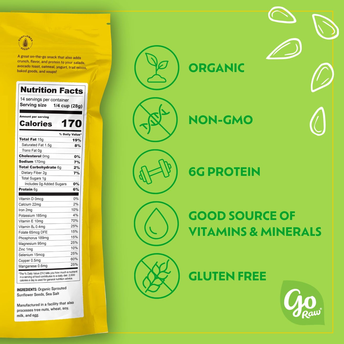 go Raw with Sea Salt Sprouted Organic Bag Keto Vegan Gluten Free Snacks Superfood, Sunflower Seeds, 14 Oz