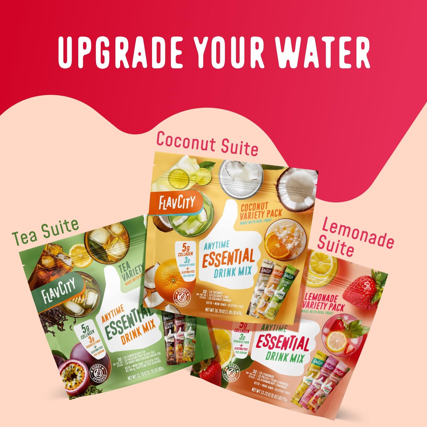 FlavCity Anytime Essential Lemonade Variety Pack - Powder Drink Mix Packets with Collagen - Lemonade Packets in 3 Flavors - Wate