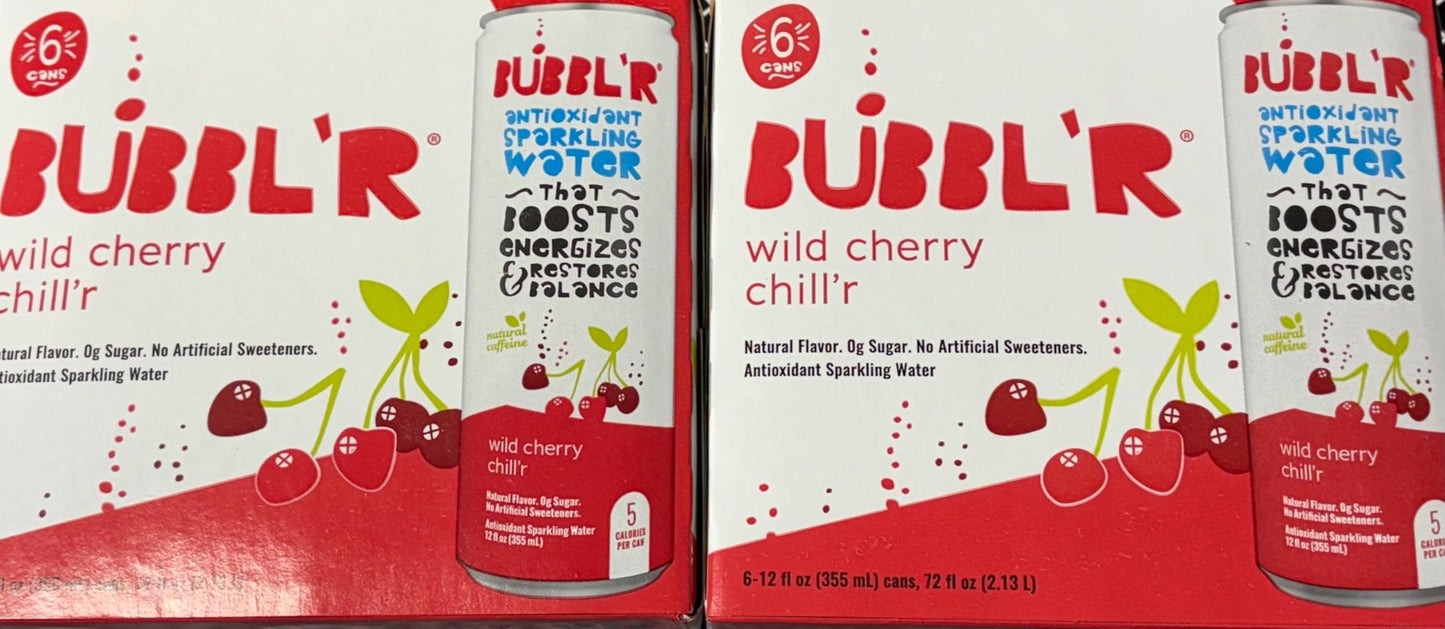 Bubblr Wild Cherry Chillr Antioxidant Sparkling Water -2 Cases  12 Cans