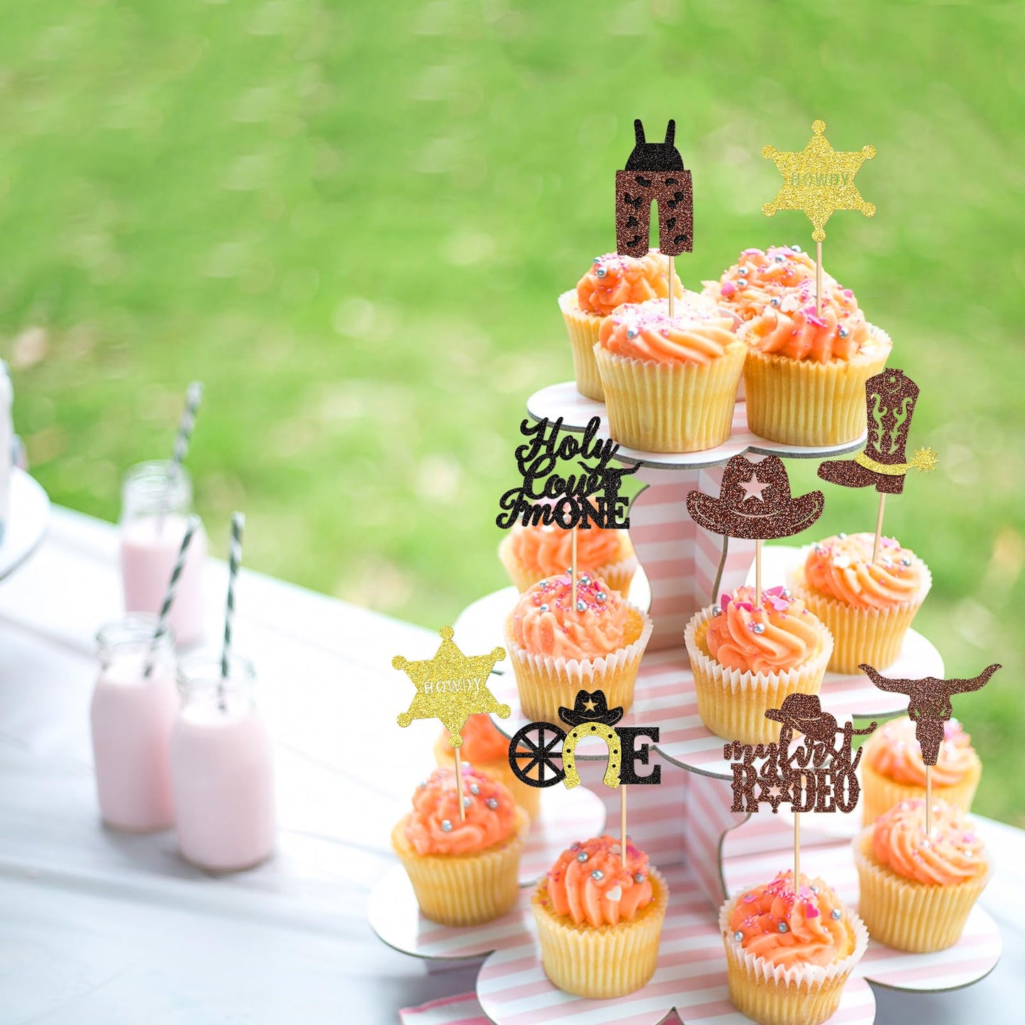 32 Pack Cowboy My 1St Rodeo Cupcake Toppers Holy Cow I'M One Horseshoe Cowboy Hats Western Theme Happy Birthday Baby Shower Part
