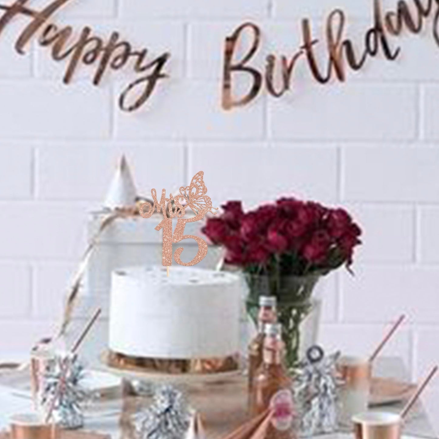 Rssta i Cake Topper - Happy 15th Birthday Decorations, Rose Gold Cardstock, 1 Pack
