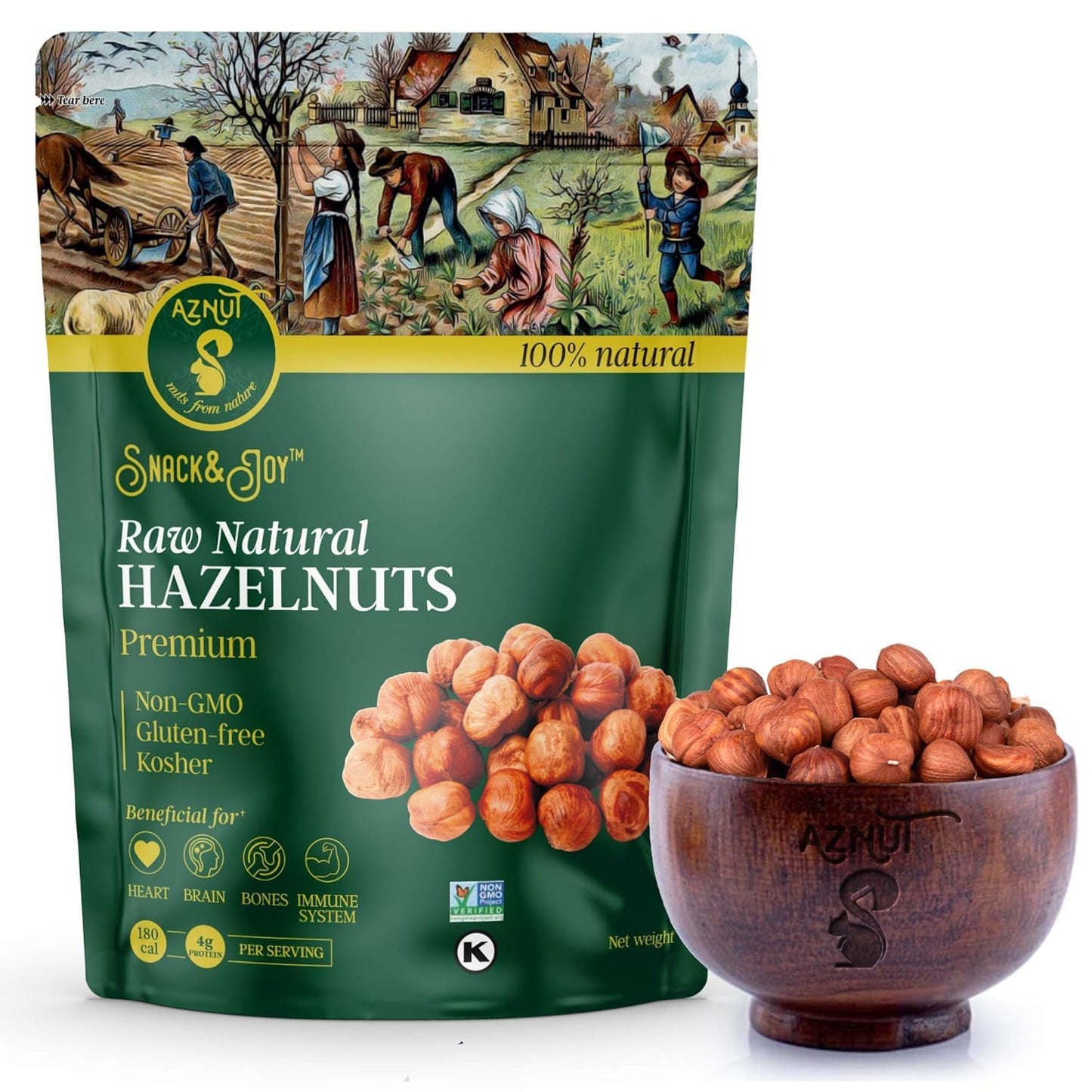 Aznut Raw Hazelnuts Filbert Nuts  Shelled  Gluten Free  Fresh  Top-Grade Quality 100% Natural Non-Gmo Project Certified  Kosher Certified  Great Snacks  Resealable Bag 5 Lb