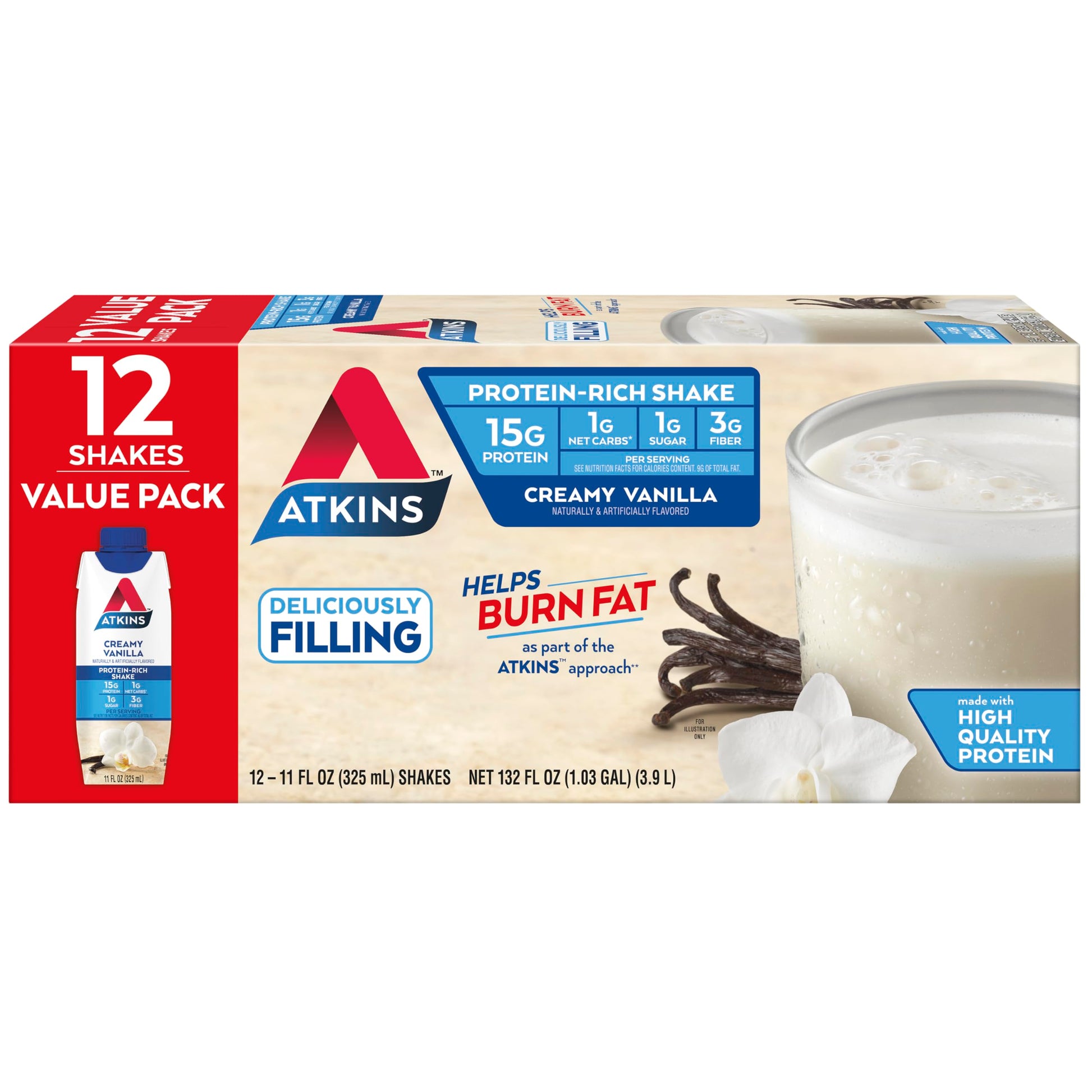 Atkins Creamy Protein-Rich Shake, Vanilla, 11 Fl Oz, Pack of 12, Model 609310