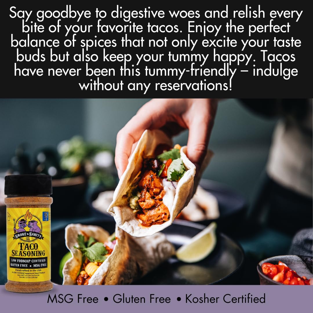Smoke n Sanity Taco Seasoning - Low FODMAP, Gluten Free, Dairy-Free - 3.75 oz Shaker