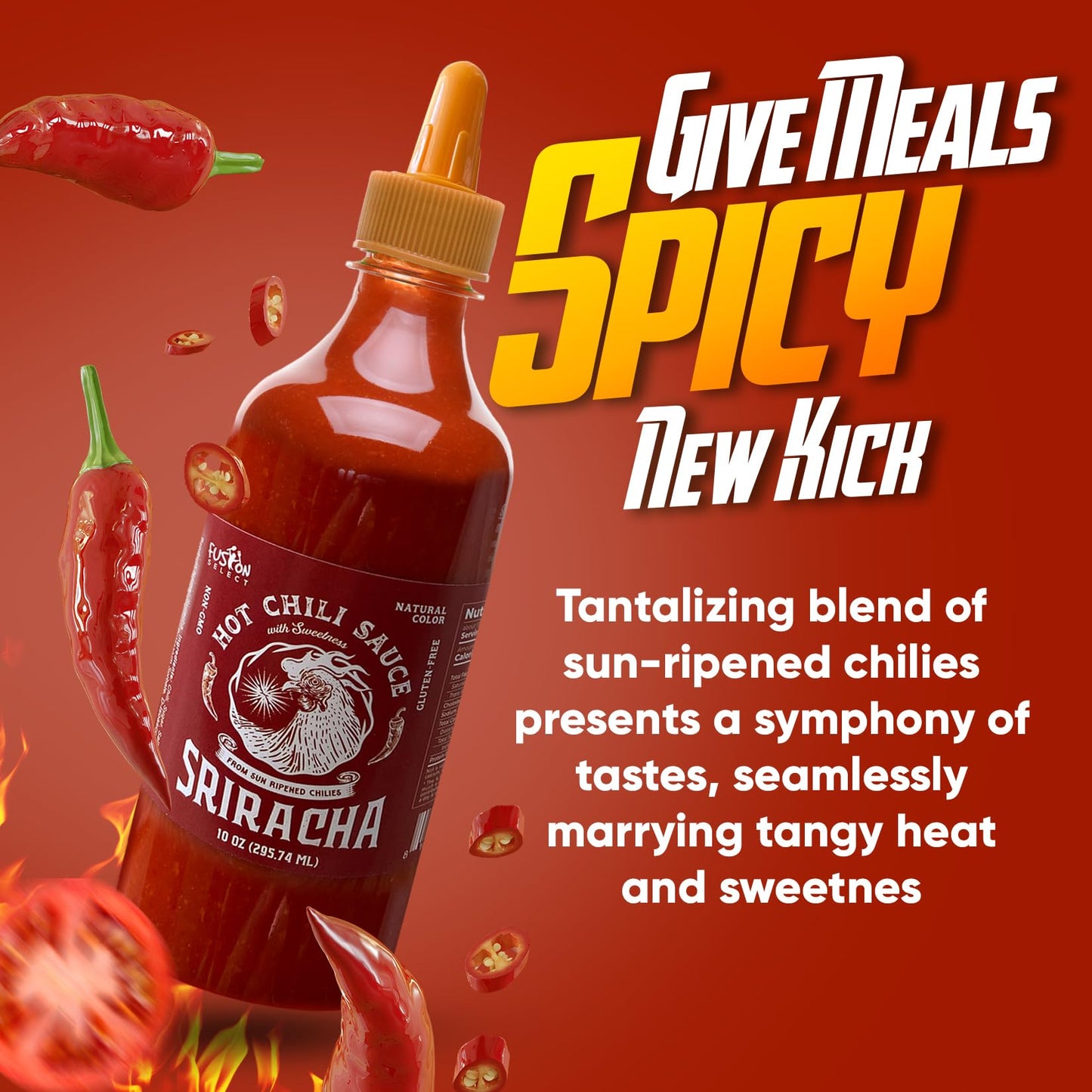 Fusion Select 30 Oz Sriracha Hot Sauce - Gourmet Spicy & Sweet Chili Sauce Seasoning For Cooking, Pizza, Stir Fry, Chicken, Meat, Taco - Made From Sun Dried Chilies, Natural Color