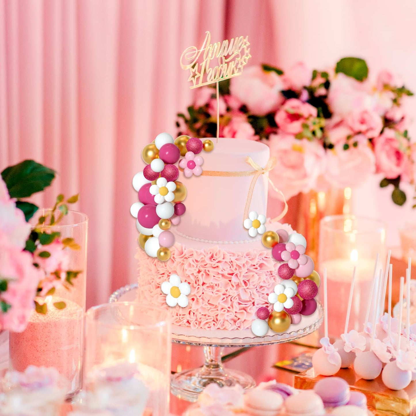 Bouiexye Cake Topper Set - 61 Pcs Boho Mini Balloons & Daisy Flowers, Pink Gold, Retro Design for Birthday, Wedding, Baby Shower