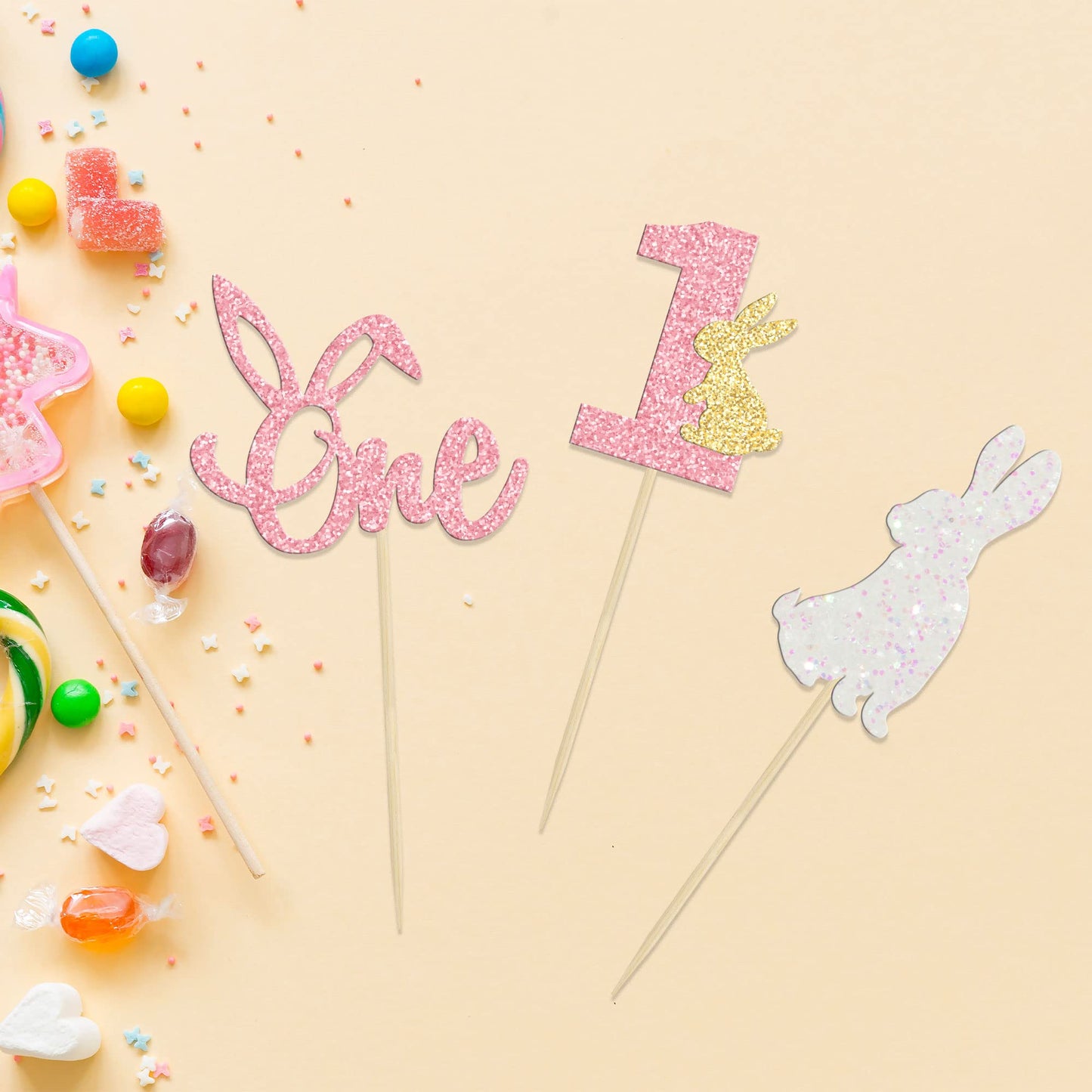 24Pcs Easter Bunny One Cupcake Toppers Some Bunny Is One Birthday Decorations Pink Glitter Easter Cake Decorations Bunny Easter