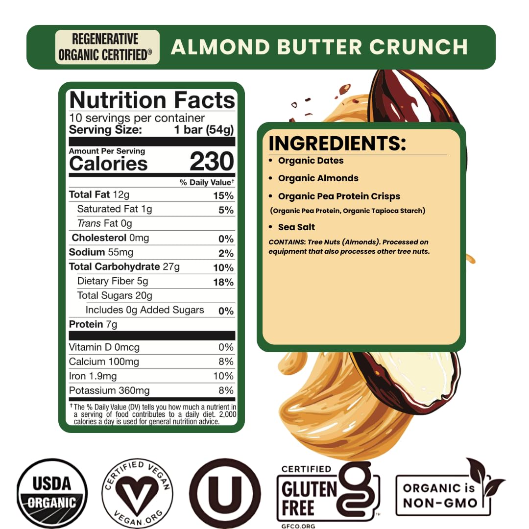 Bearded Brothers Organic Vegan Protein Energy Bars, Almond Butter Crunch, Gluten Free, Paleo, 10 Pack