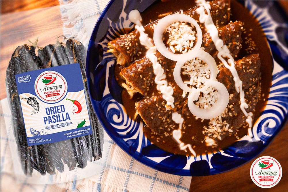 Pasilla Chiles Dried 4 Oz - Staple In Mexican Cooking: Moles, Sauces, Stews, Salsa. Mild Heat – Punget And Tangy Flavor. By Amazing Chiles & Spices