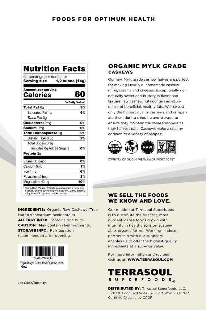 Terrasoul Superfoods Organic Raw Cashews (Mylk Grade), 6 Lbs (Pack of 3), Premium Quality for Snacking, Desserts, Cashew Milk an