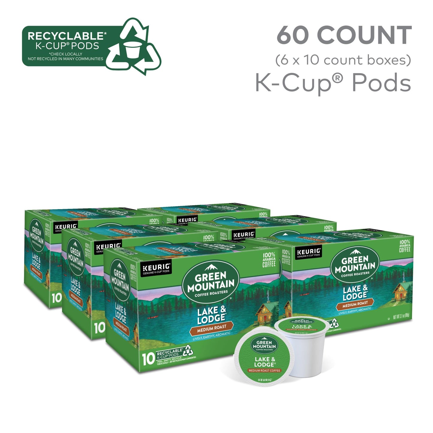 Green Mountain Coffee Roasters Lake And Lodge Blend Keurig Single-Serve K-Cup Pods, Dark Roast Coffee, 60 Count (6 Packs Of 10)