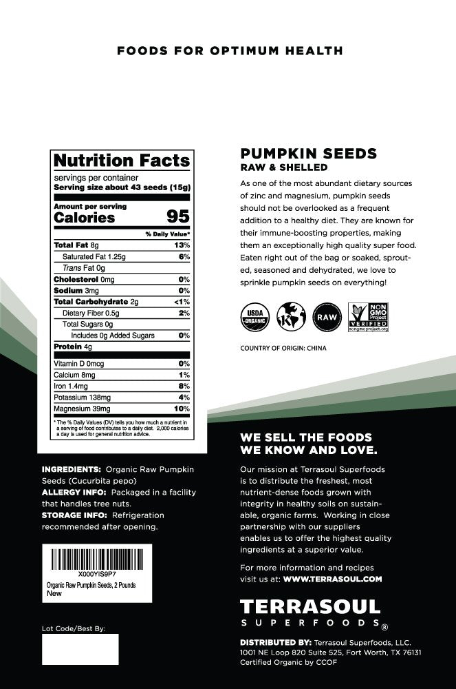Terrasoul Superfoods Organic Pumpkin Seeds, Raw, Unsalted, 2 lbs