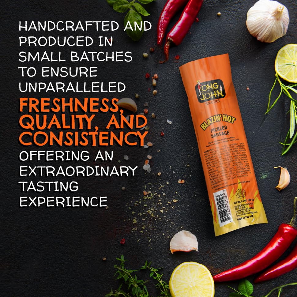 Long John Snacks Blazin Hot Pickled Sausage - Smoked Meat Stick - High Protein, Low Carb, Gluten-Free - 12 Pack