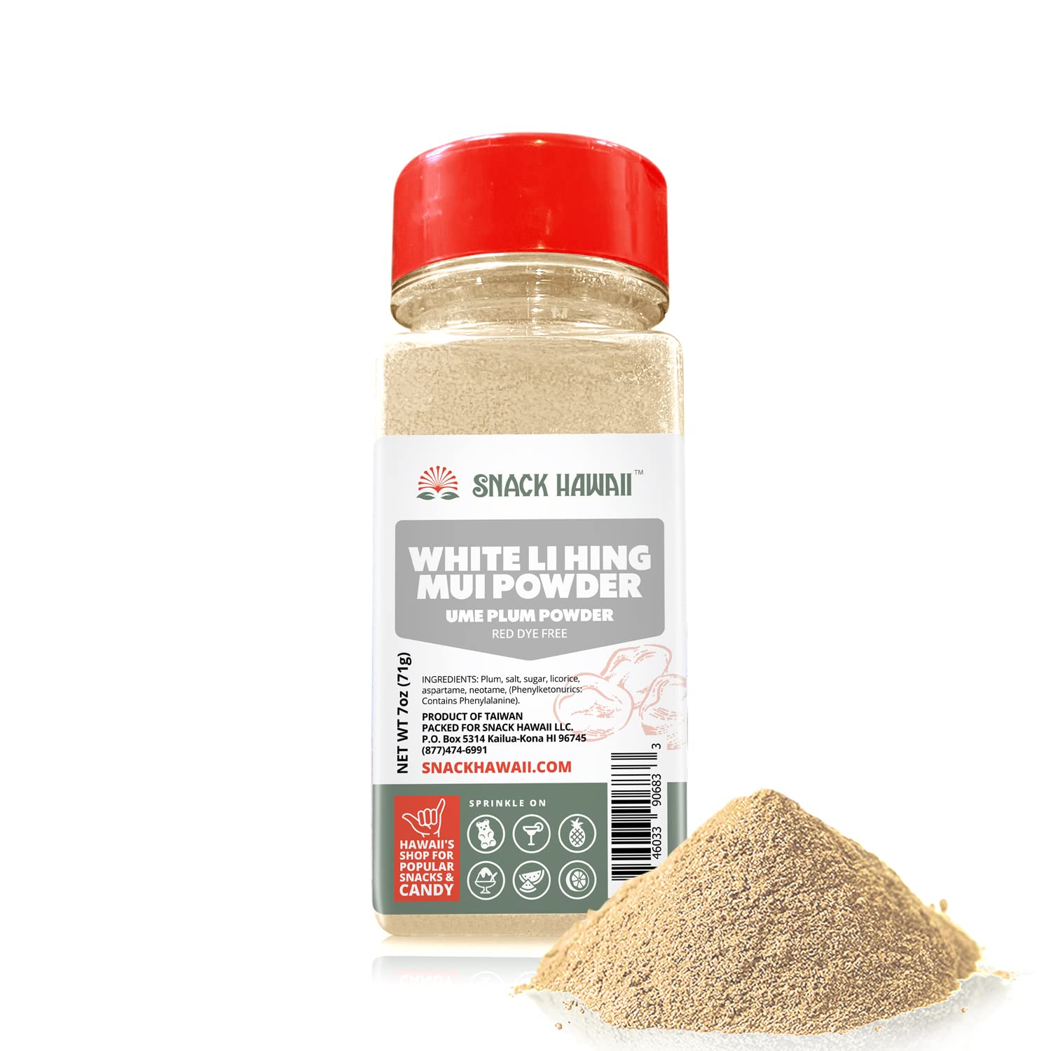 Authentic White Li Hing Mui Powder - Sweet  Sour & Salty Dried Plum Powder  Red Dye-Free  Mess-Free Shaker Bottle - Ideal For Fruit  Candy  Shave Ice & Mixed Flavors - 7Oz