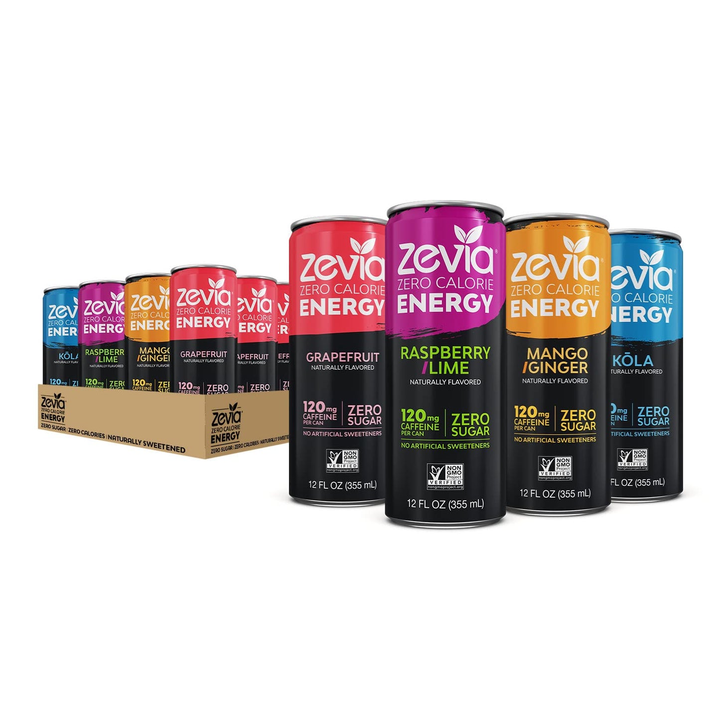 Zevia Zero Sugar Energy Drink  Classic Variety Pack  12 oz Cans (12-Pack) - Naturally Sweetened  Non-GMO Project Verified  Gluten-Free  Vegan