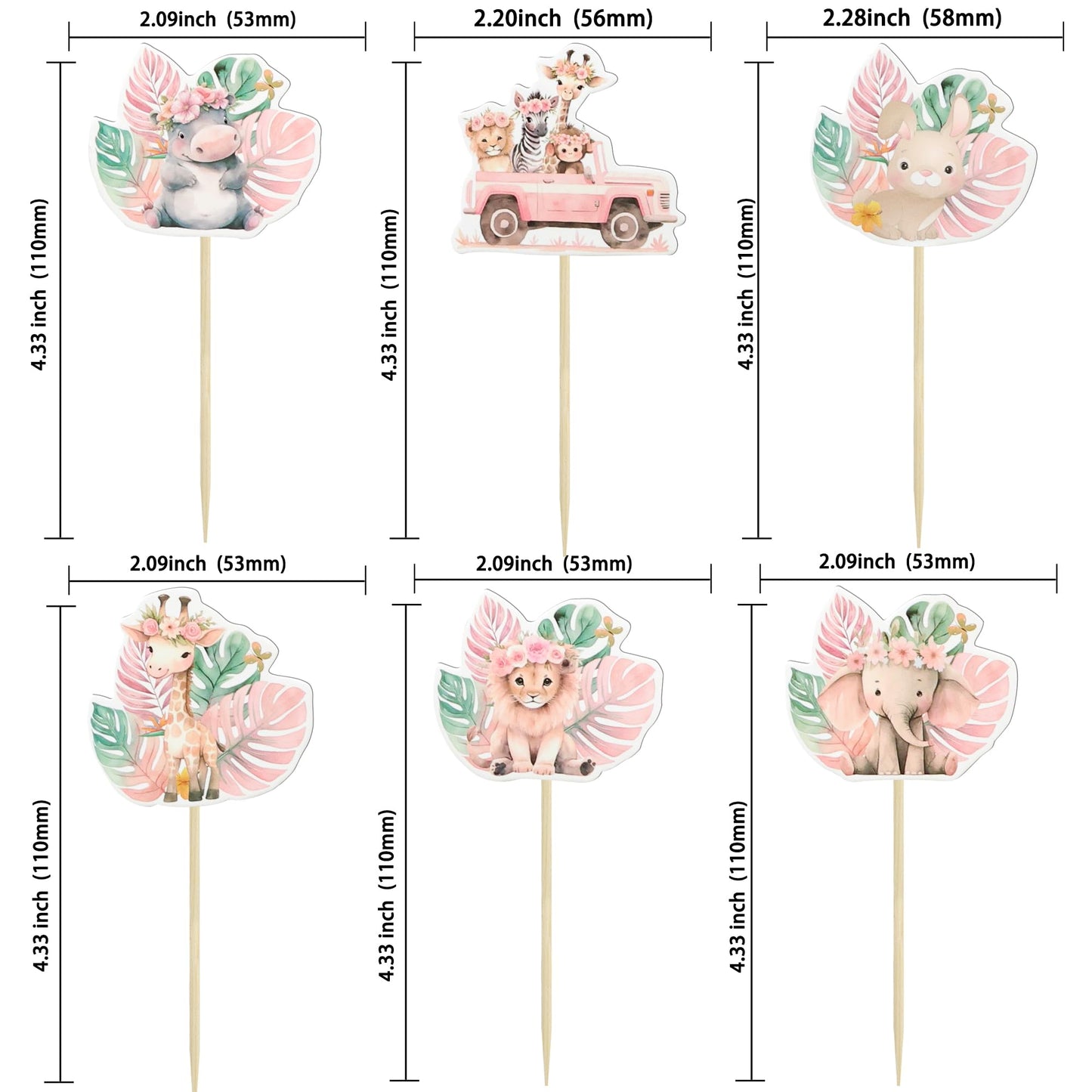 Gyufise 36Pcs Pink Safari Baby Shower Cupcake Topper Floral Jungle Animals Baby Cake Decorations Safari Theme Cupcakes Toppers F