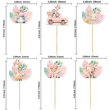 Gyufise 36Pcs Pink Safari Baby Shower Cupcake Topper Floral Jungle Animals Baby Cake Decorations Safari Theme Cupcakes Toppers F