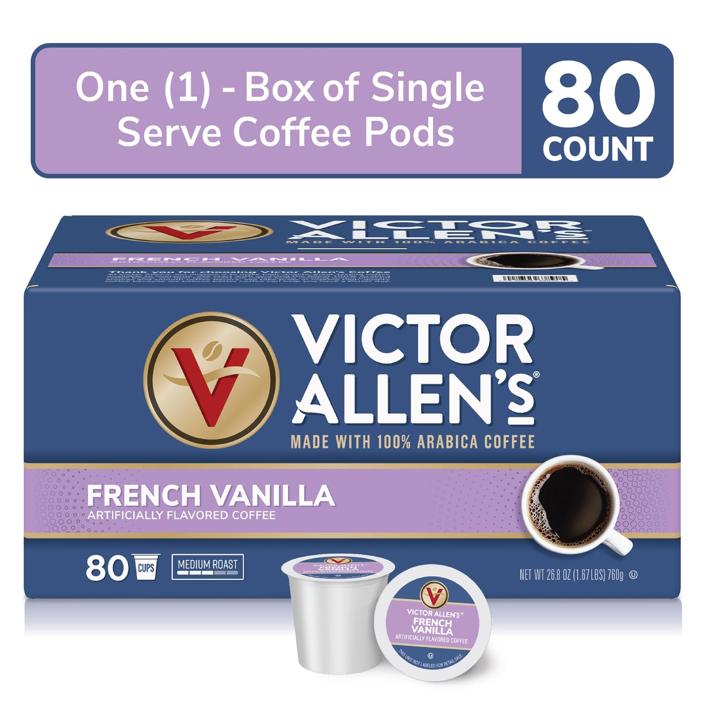 Victor Allens Coffee Single Serve Pods, French Vanilla, Medium Roast, 80 Count, Compatible with Keurig K-Cup malt-inspired, Brown