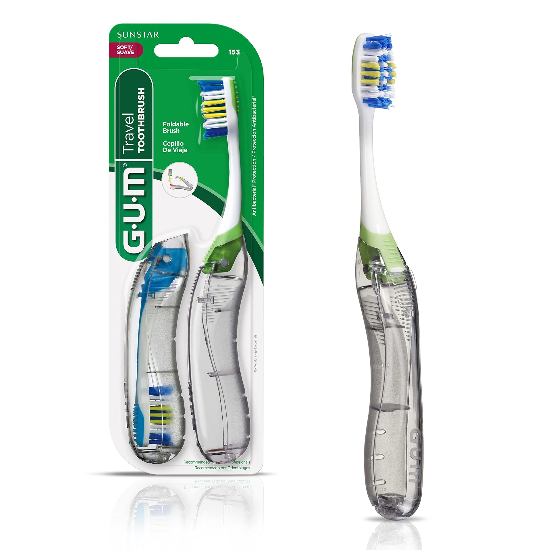 Gum Travel Toothbrush With Antibacterial Bristles, Folding Handle, Soft Bristles, Compact, 2 Count