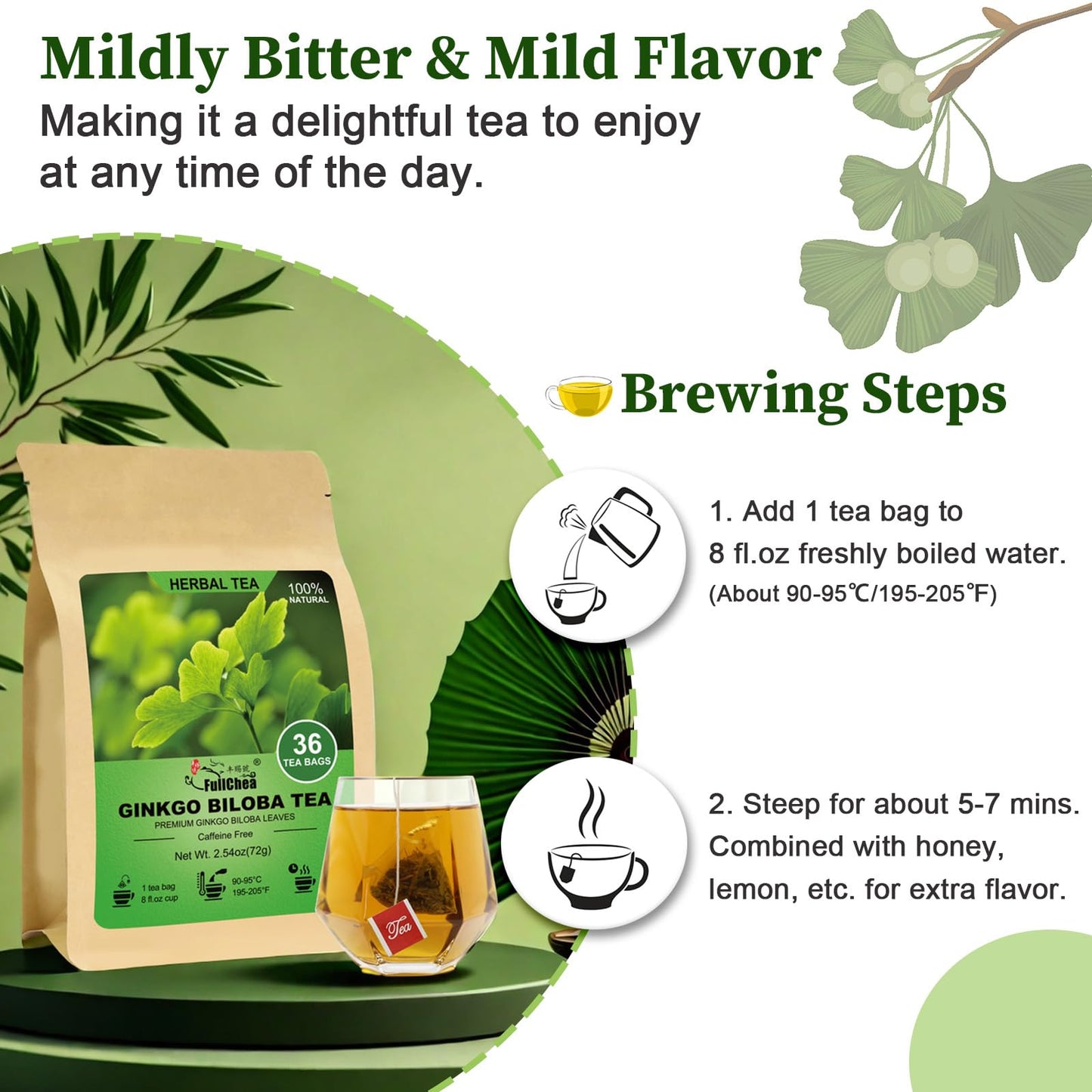 FullChea Ginkgo Biloba Tea Bags - Premium Dried Leaves, Caffeine-free, Non-GMO, 36 Count